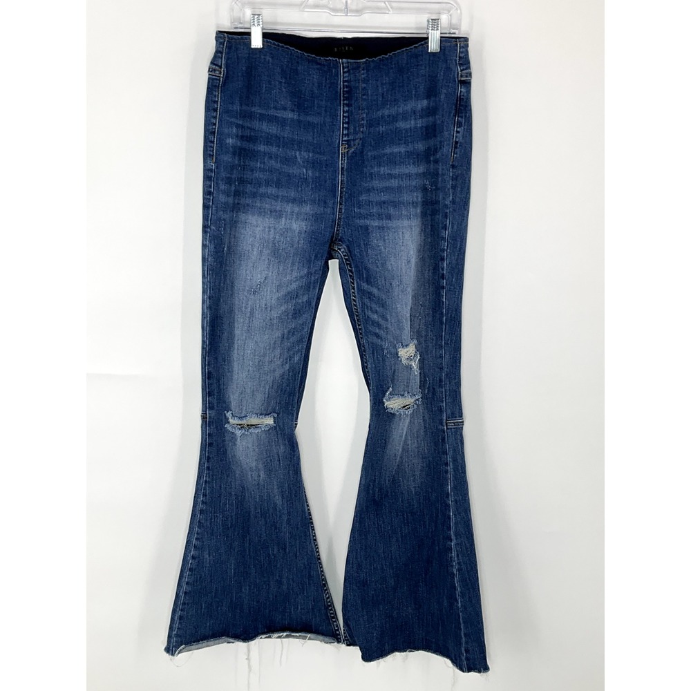 Risen Los Angeles Jeans Women XL Blue Pull On Distressed Frayed Flare Hem Denim